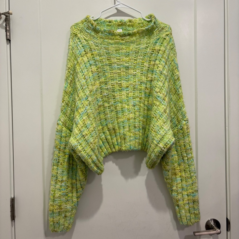 Free People Lime Green Space Dye Chunky Knit Cropped Sweater Womens Medium